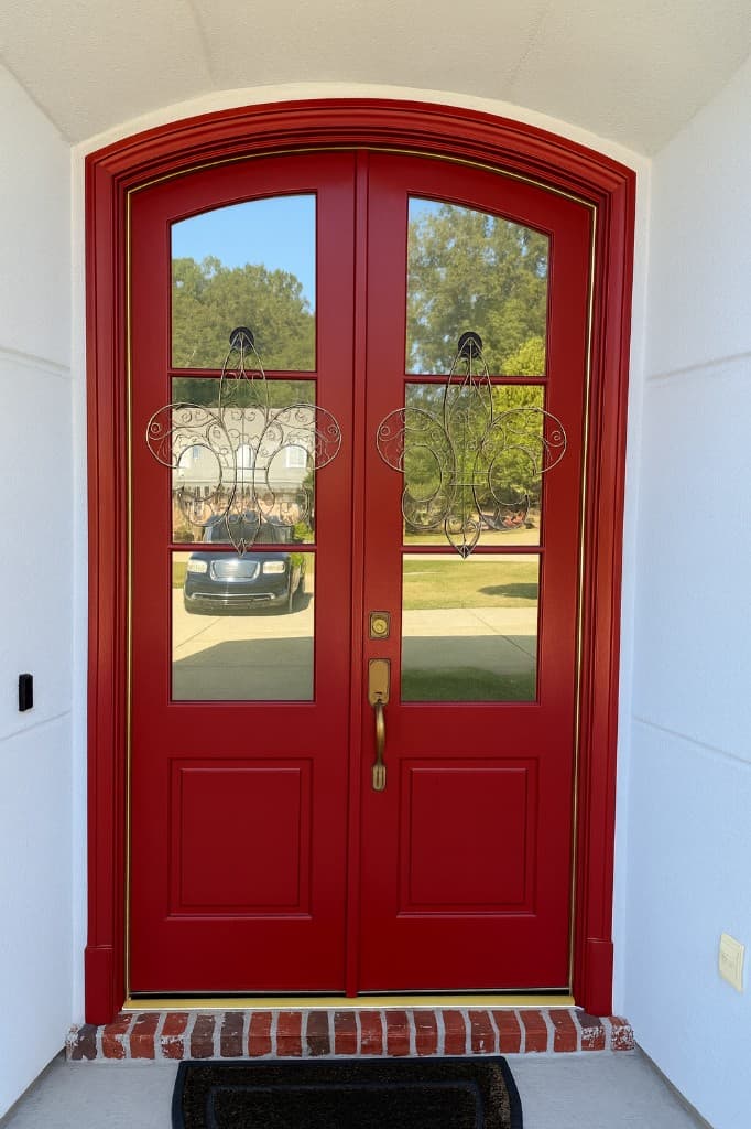 Faded Red Double Door Repaint after Churchkey Refinishing in Covington, LA