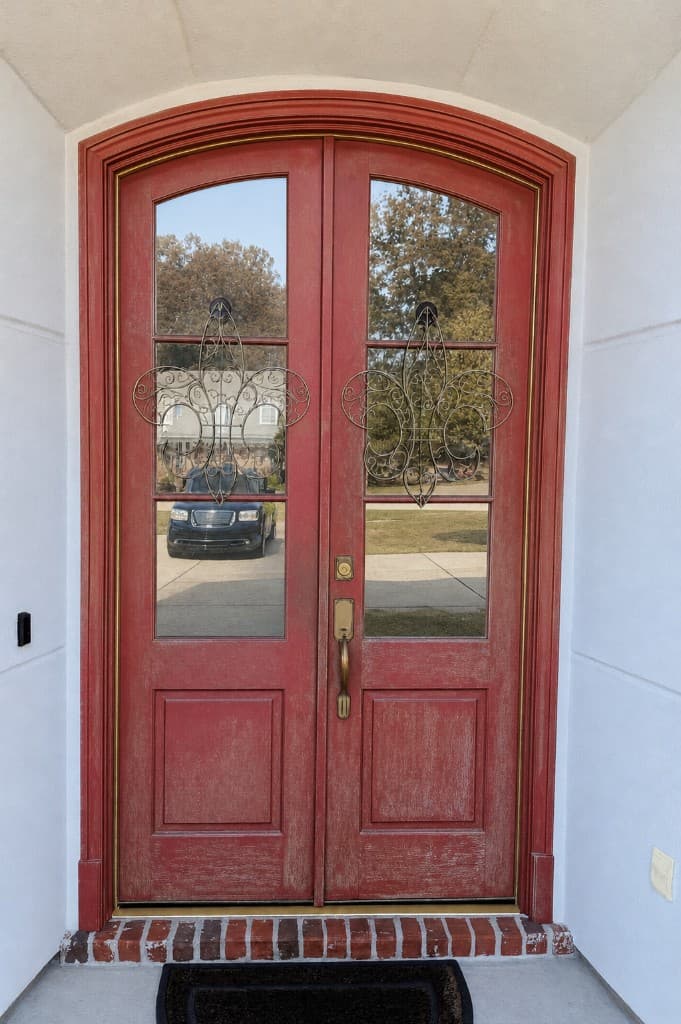 Faded Red Double Door Repaint before refinishing in Covington, LA